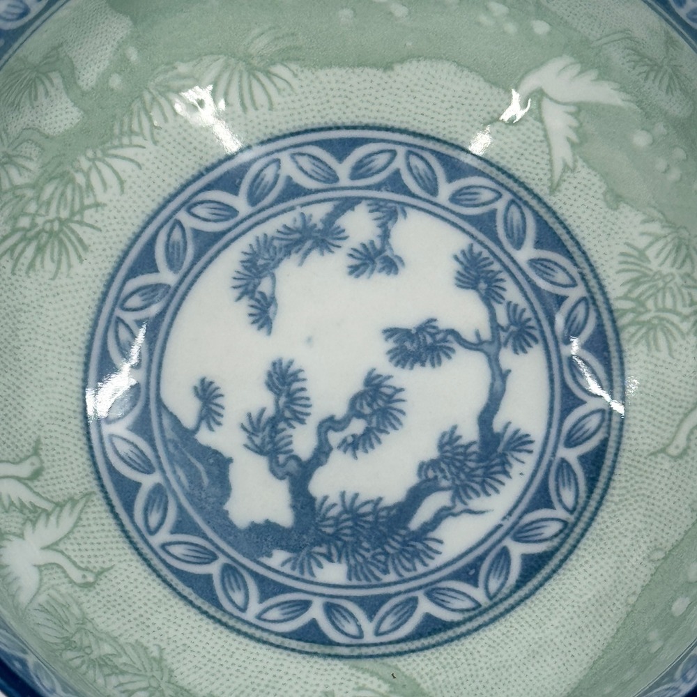Vintage Korean Porcelain Rice Bowl Blue Green Crane Pine Tree Korea - Picture 4 of 8